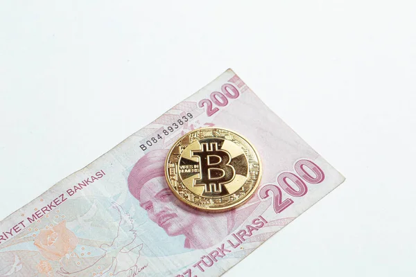 Turkse Lira Bankbiljetten Bitcoin — Stockfoto