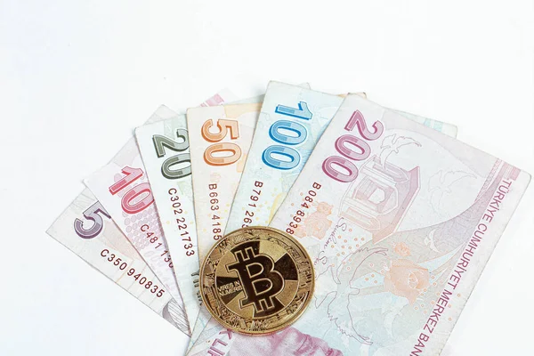 Turkiska Lira Sedlar Och Bitcoin — Stockfoto