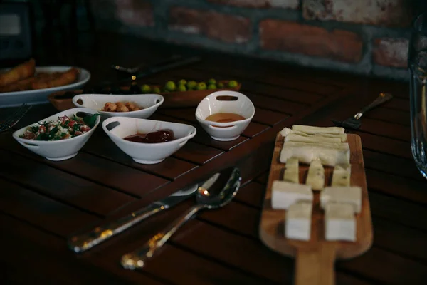 stock image Traditional Turkish and Greek dinner meze table