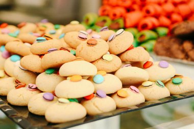 Bir grup çeşit kurabiye. Çikolata parçacıklı, yulaflı, kuru üzümlü, beyaz çikolatalı.