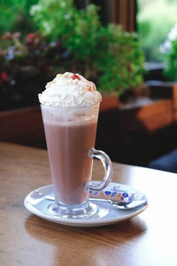 Sütlü buzlu kahve. Buzlu kahve. Elinde bir bardak buzlu kahve tutan kadın..