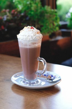 Sütlü buzlu kahve. Buzlu kahve. Elinde bir bardak buzlu kahve tutan kadın..