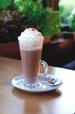 Sütlü buzlu kahve. Buzlu kahve. Elinde bir bardak buzlu kahve tutan kadın..