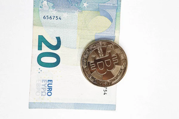 Мульти Євро Долар Готівка Різні Типи Банкнот Нового Покоління Біткоїн — стокове фото