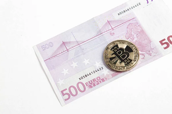 Multi Euro Dolar Cash Different Type New Generation Banknotes Bitcoin — Fotografia de Stock