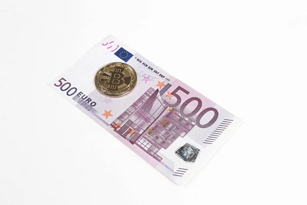 Multi Euro Dolar Cash Different Type New Generation Banknotes Bitcoin — Stock Photo, Image