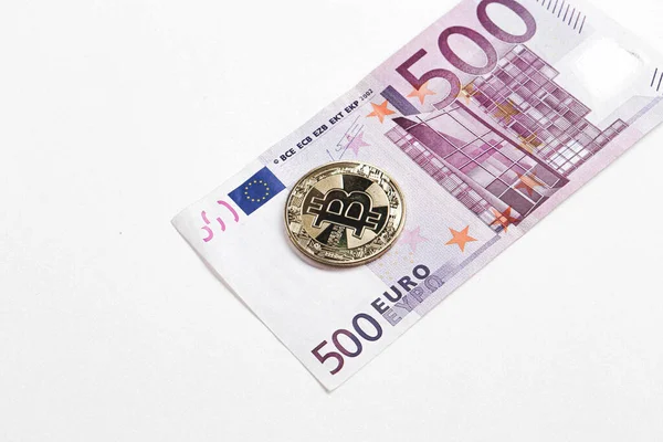 Multi Euro Dolar Cash Different Type New Generation Banknotes Bitcoin — Stock Photo, Image