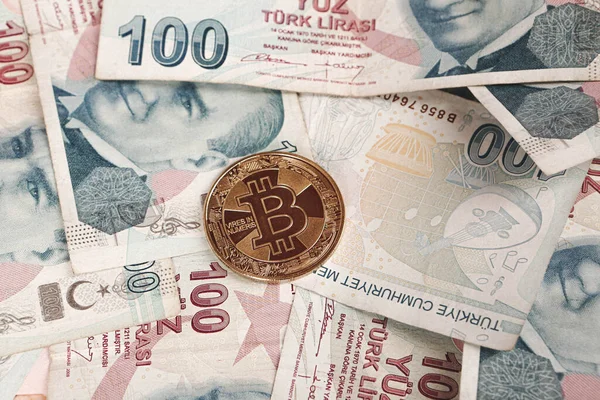 Notas Lira Turcas Moeda Bitcoin — Fotografia de Stock