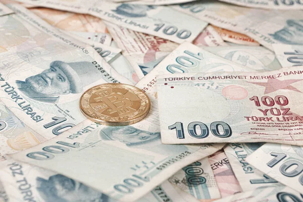 Τραπεζογραμμάτια Και Bitcoin Τουρκικής Λίρας — Φωτογραφία Αρχείου