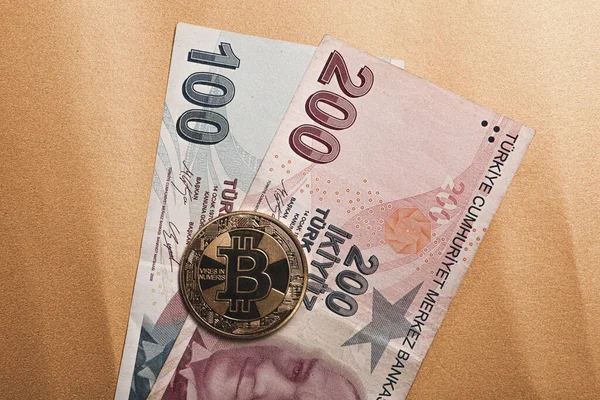 Turkish Lira Banknotes Bitcoin Coin — Stock Photo, Image