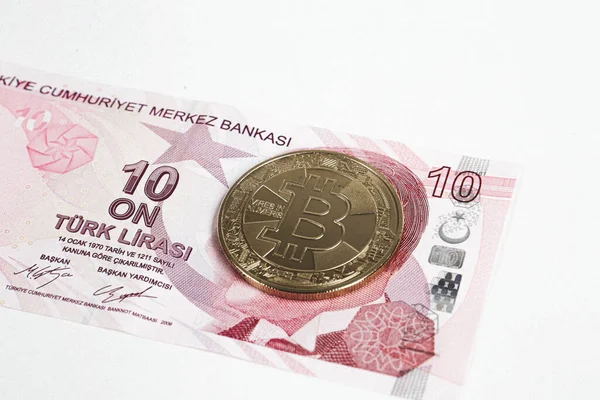 Turkish Lira Banknotes Bitcoin Coin — 图库照片