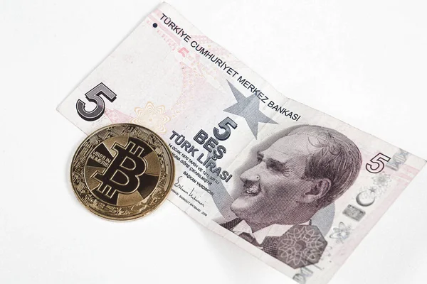 Notas Lira Turcas Moeda Bitcoin — Fotografia de Stock