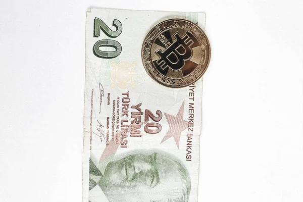 Turkish Lira Banknotes Bitcoin Coin — Stock Photo, Image