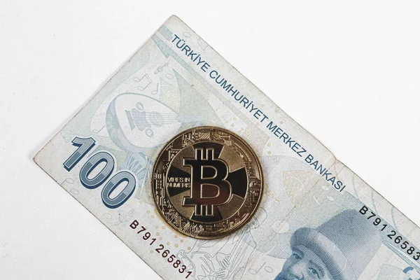 Notas Lira Turcas Moeda Bitcoin — Fotografia de Stock