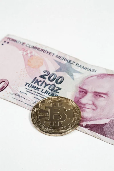 Turkse Lira Bankbiljetten Bitcoin — Stockfoto