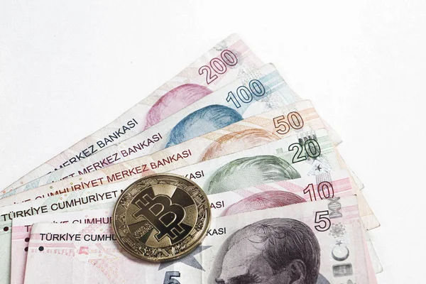 Turkiska Lira Sedlar Och Bitcoin — Stockfoto