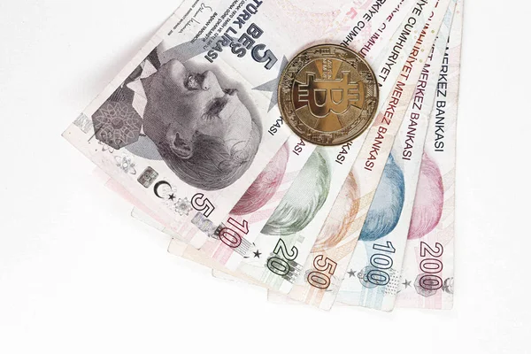 Banconote Lira Turca Bitcoin — Foto Stock