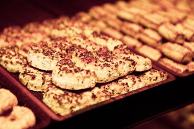 Bir grup çeşit kurabiye. Çikolata parçacıklı, yulaflı, kuru üzümlü, beyaz çikolatalı.