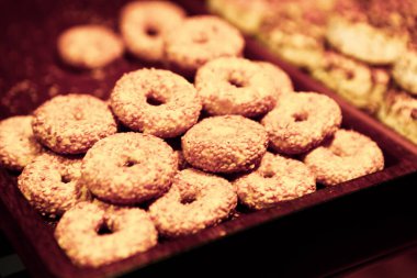 Bir grup çeşit kurabiye. Çikolata parçacıklı, yulaflı, kuru üzümlü, beyaz çikolatalı.