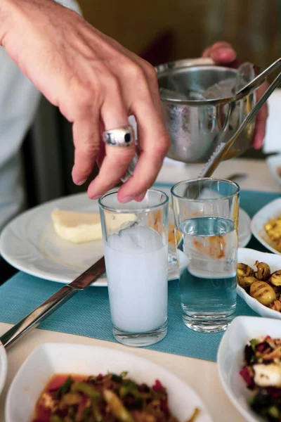 Turkish Greek Traditional Dinning Table Special Alcohol Drink Raki Ouzo — Stock Photo, Image