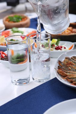 Özel Alkollü İçkili Rakılı Türk ve Yunan Geleneksel Yemek Masası. Uzo ve Türk Rakısı, Türkiye, Yunanistan, Kıbrıs ve Lübnan'da yaygın olarak tüketilen kuru anason aromalı bir aperatiftir.