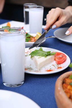 Özel Alkollü İçkili Rakılı Türk ve Yunan Geleneksel Yemek Masası. Uzo ve Türk Rakısı, Türkiye, Yunanistan, Kıbrıs ve Lübnan'da yaygın olarak tüketilen kuru anason aromalı bir aperatiftir.