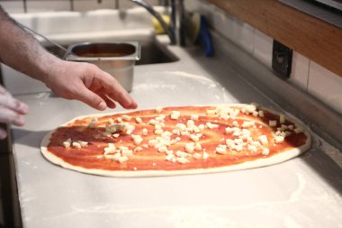 Pizza şefi ticari bir mutfakta sosu tabana koydu.