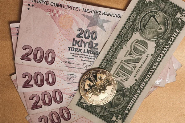 Turkish Lira Banknotes Dollars Bitcoin Coin — Φωτογραφία Αρχείου