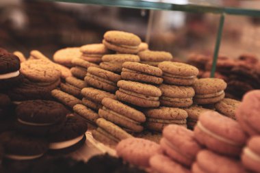 Bir grup çeşit kurabiye. Çikolata parçacıklı, yulaflı, kuru üzümlü, beyaz çikolatalı.