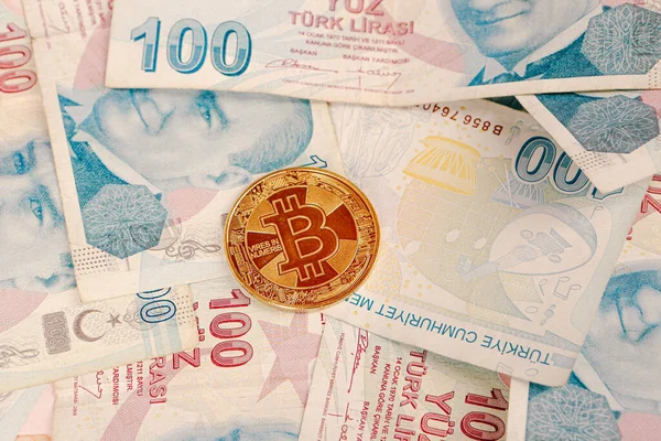 Turkse Lira Bankbiljetten Bitcoin — Stockfoto