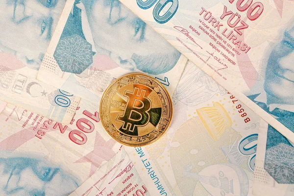 Turkish Lira Banknotes Bitcoin Coin — Stock Photo, Image