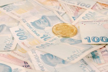 Türk lira banknotları ve bitcoin paraları