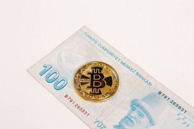 Türk lira banknotları ve bitcoin paraları