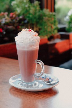 Sütlü buzlu kahve. Buzlu kahve. Elinde bir bardak buzlu kahve tutan kadın..