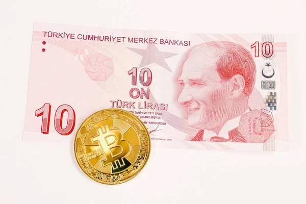 Turkiska Lira Sedlar Och Bitcoin — Stockfoto