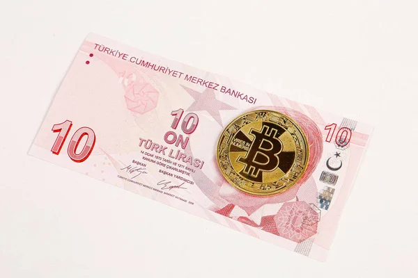 Türkische Lira Banknoten Und Bitcoin Münzen — Stockfoto