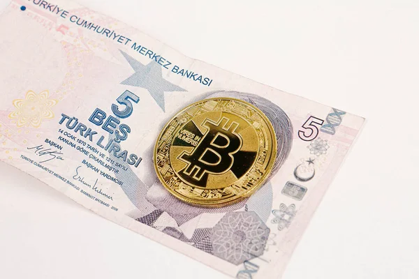 Török Líra Bankjegyek Bitcoin — Stock Fotó