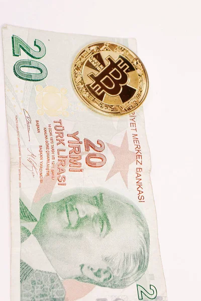 Billetes Lira Turca Bitcoin —  Fotos de Stock