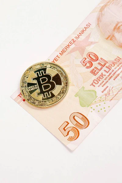 Billetes Lira Turca Bitcoin — Foto de Stock