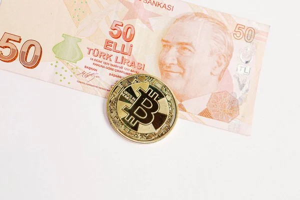 Turkse Lira Bankbiljetten Bitcoin — Stockfoto