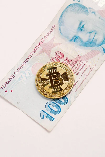 Notas Lira Turcas Moeda Bitcoin — Fotografia de Stock