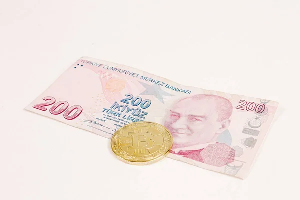 Turkiska Lira Sedlar Och Bitcoin — Stockfoto