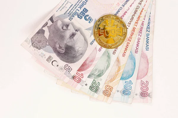 Turkiska Lira Sedlar Och Bitcoin — Stockfoto