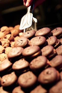 Bir grup çeşit kurabiye. Çikolata parçacıklı, yulaflı, kuru üzümlü, beyaz çikolatalı.