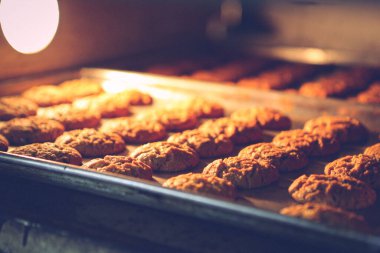 Bir grup çeşit kurabiye. Çikolata parçacıklı, yulaflı, kuru üzümlü, beyaz çikolatalı.