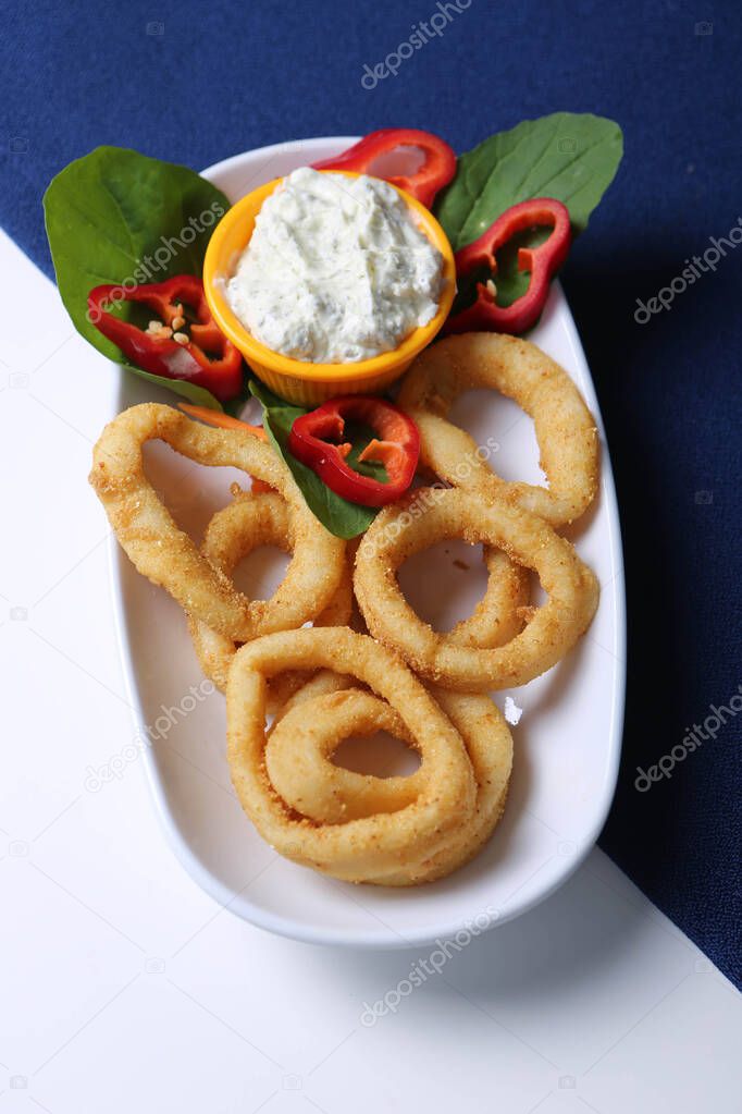 fried seafood calamar or calamaris with sauce 