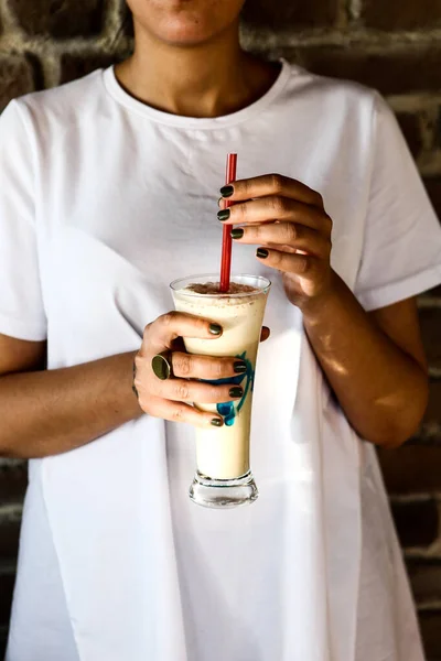 Iced Coffee Milk Iced Coffee Latte Woman Holding Glass Cup — Fotografia de Stock