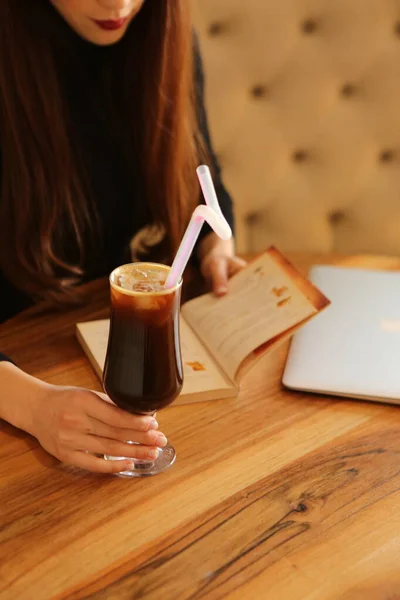 Iced Coffee Milk Iced Coffee Latte Woman Holding Glass Cup — Stockfoto