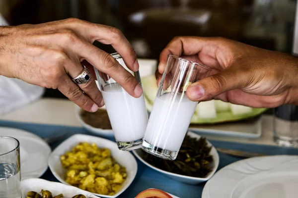 Turkish Greek Traditional Dinning Table Special Alcohol Drink Raki Ouzo — Stock Photo, Image