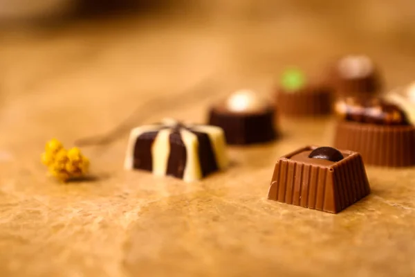 Egy Csomó Különböző Csokoládé Praliné — Stock Fotó
